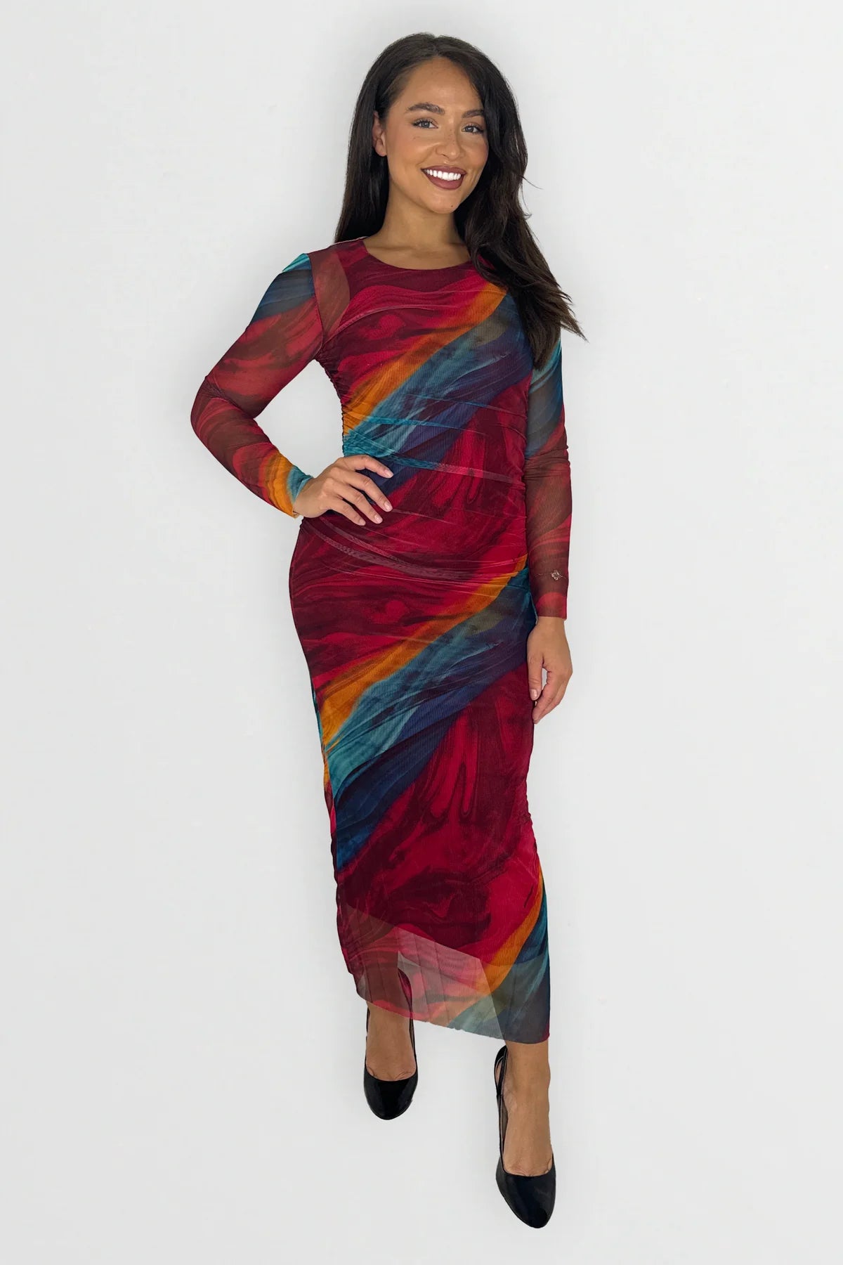MULTICOLOUR TIE DYE RUCHED MESH LONG DRESS