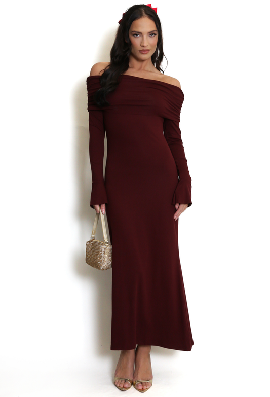 Bardot Maxi Dress With Flute Sleeve