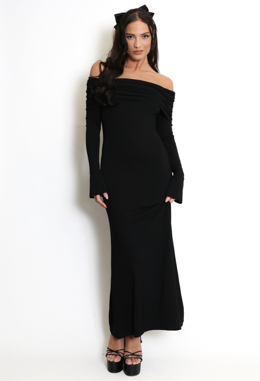 Bardot Maxi Dress With Flute Sleeve