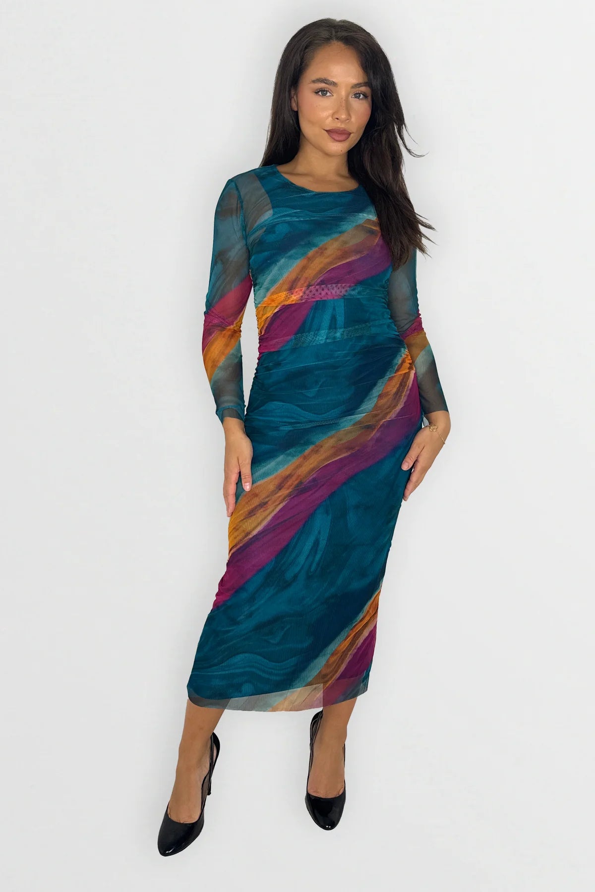 MULTICOLOUR TIE DYE RUCHED MESH LONG DRESS