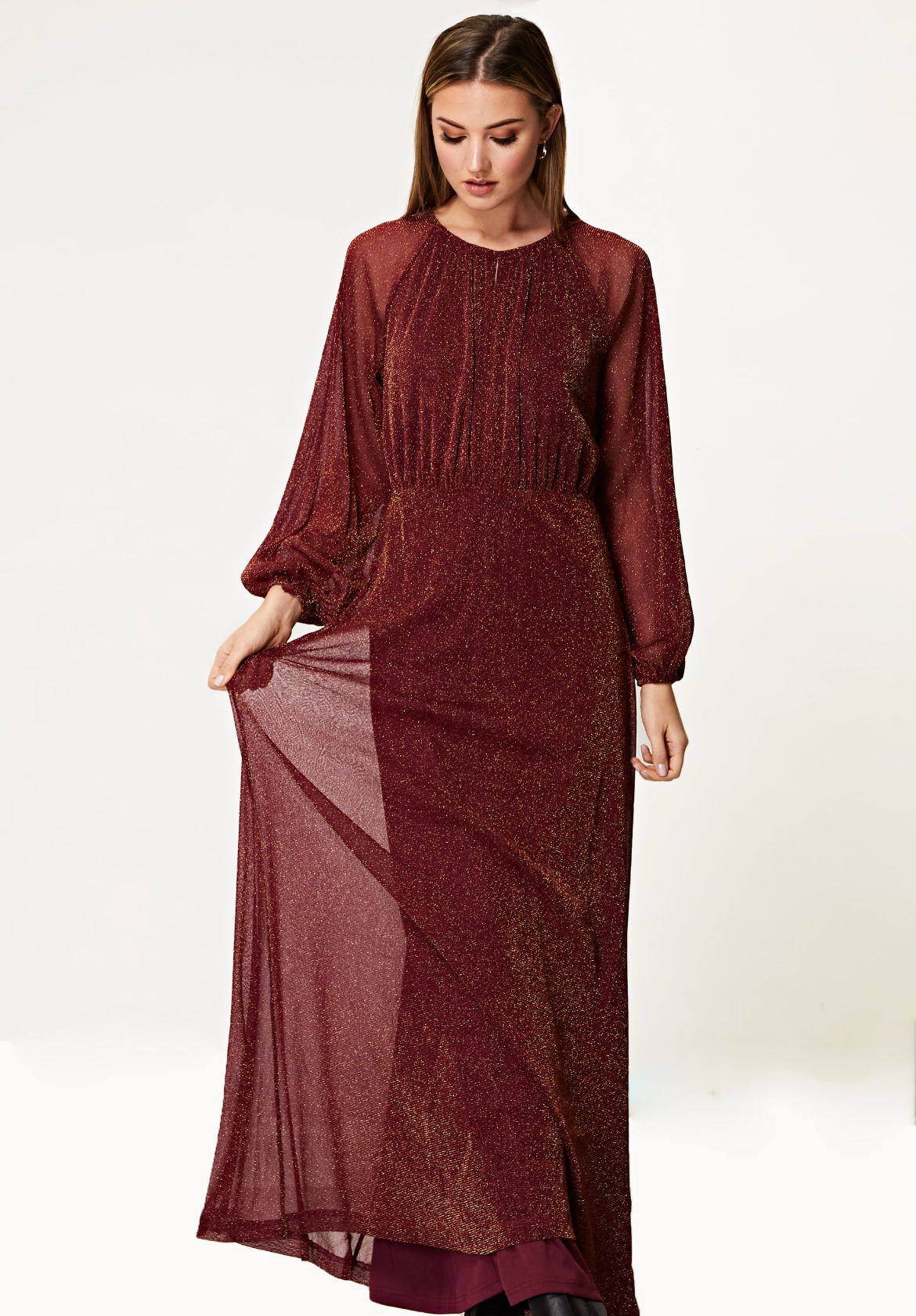Shine bright in the Sparkly Lurex Flickering Chiffon Long Sleeve Maxi Dress