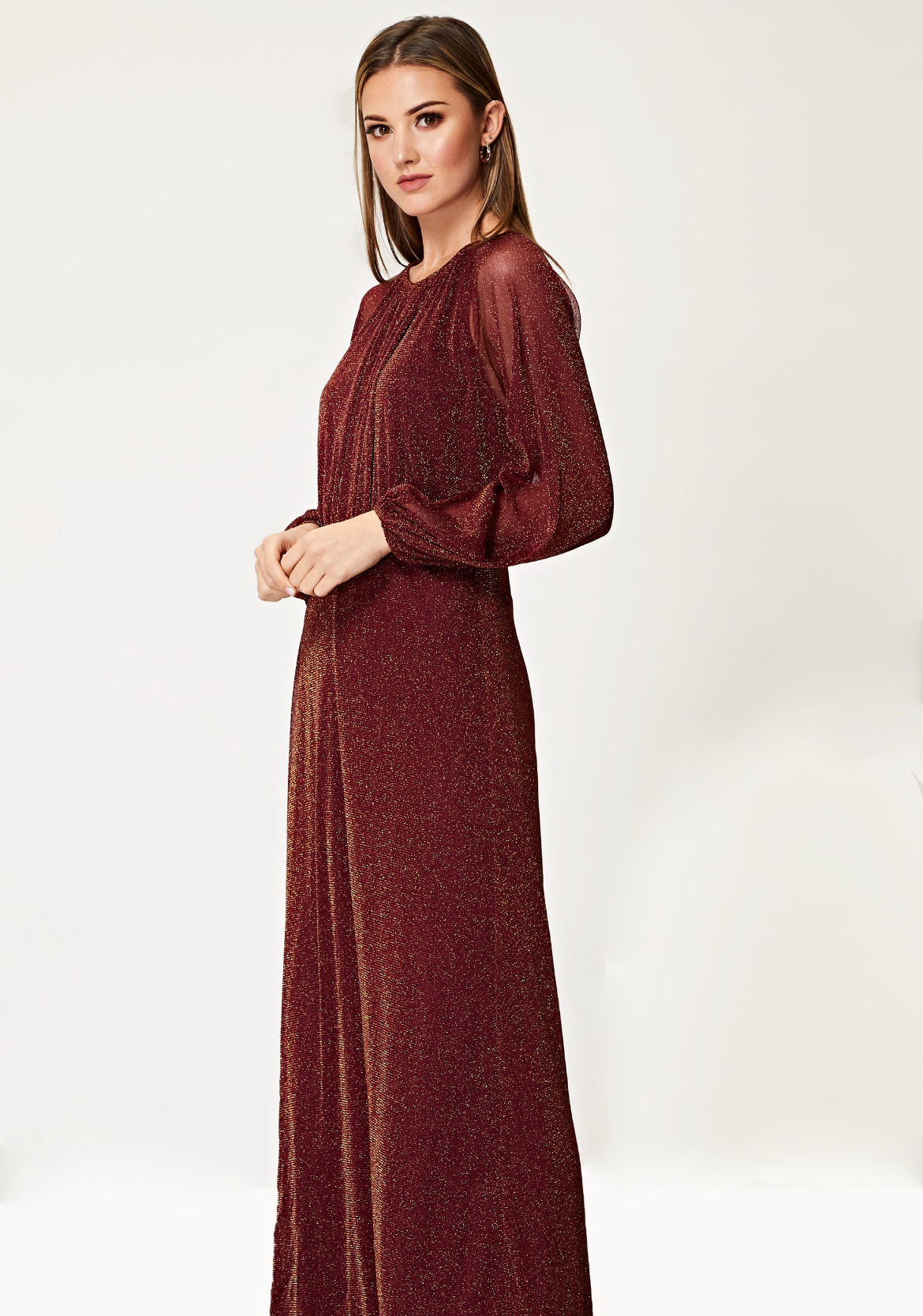 Shine bright in the Sparkly Lurex Flickering Chiffon Long Sleeve Maxi Dress