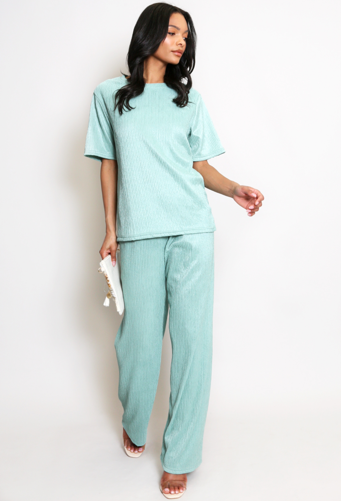 Short Sleeve Top Crinkle Trouser Set