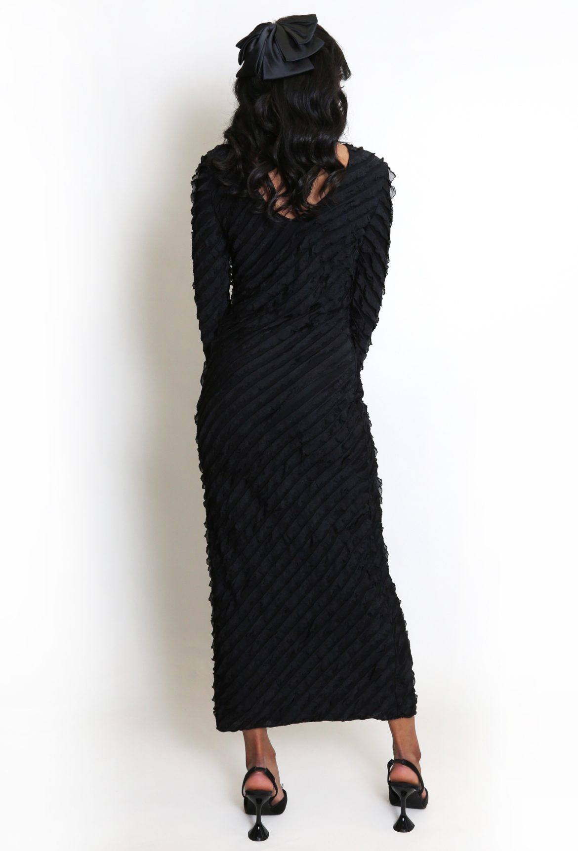 Textured Midi Dress With Flute Sleeve