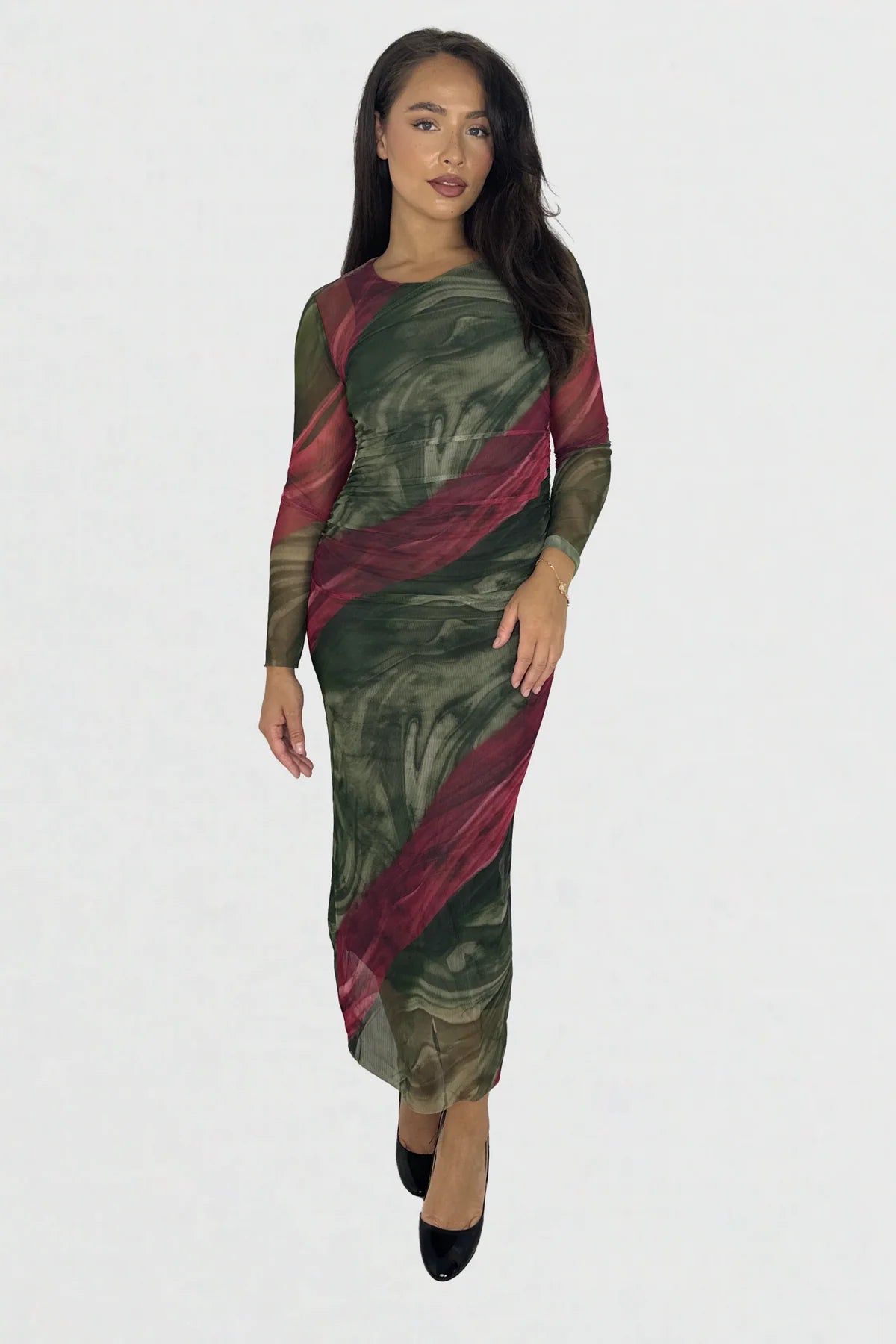 MULTICOLOUR TIE DYE RUCHED MESH LONG DRESS