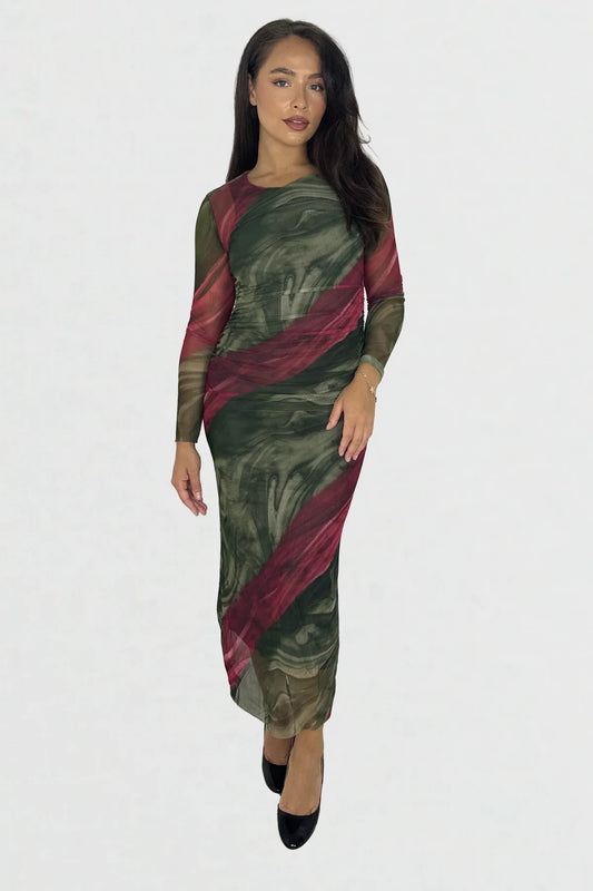 MULTICOLOUR TIE DYE RUCHED MESH LONG DRESS