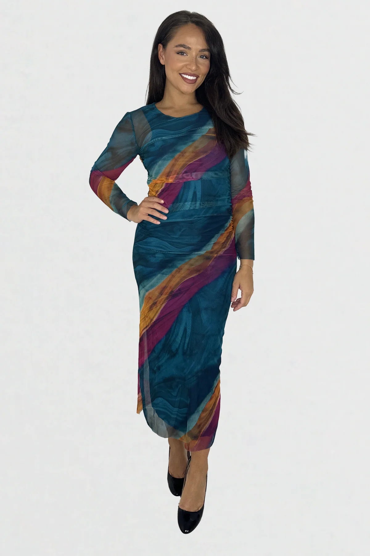 MULTICOLOUR TIE DYE RUCHED MESH LONG DRESS