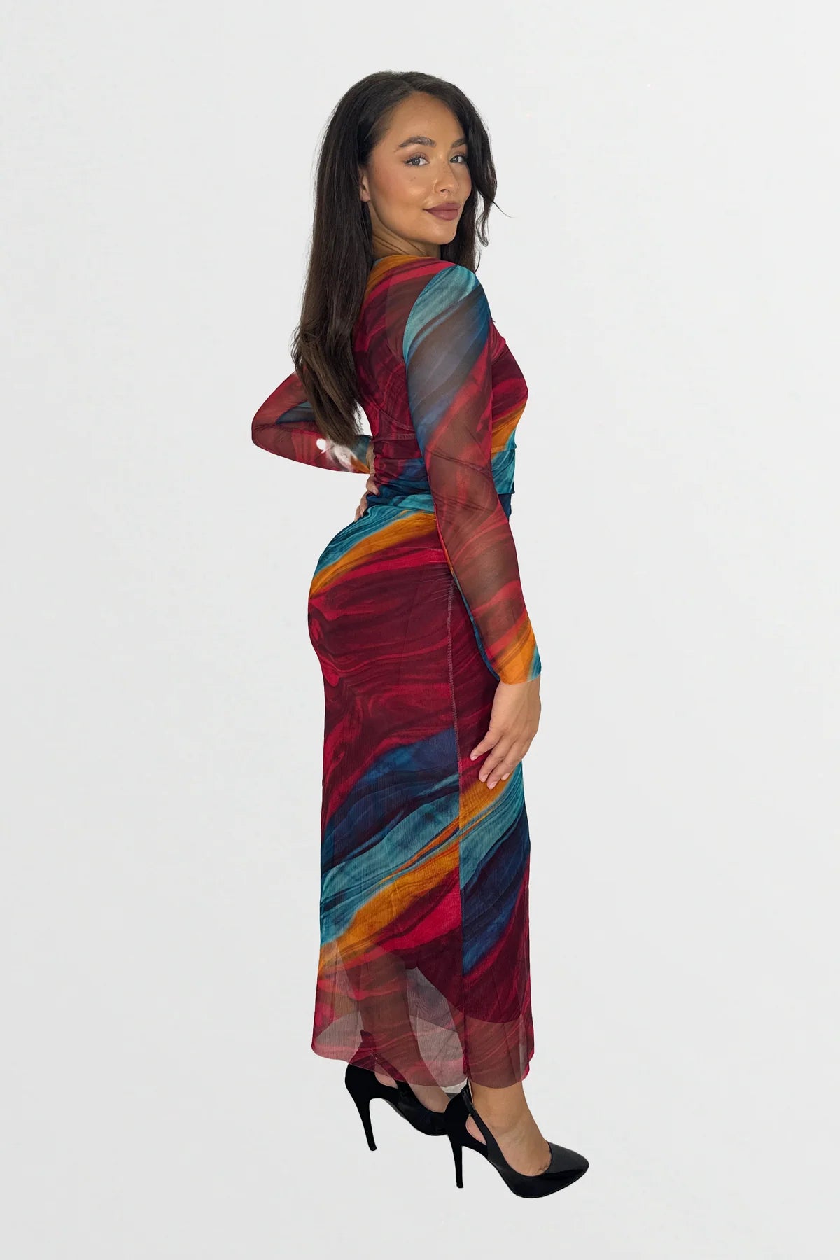 MULTICOLOUR TIE DYE RUCHED MESH LONG DRESS
