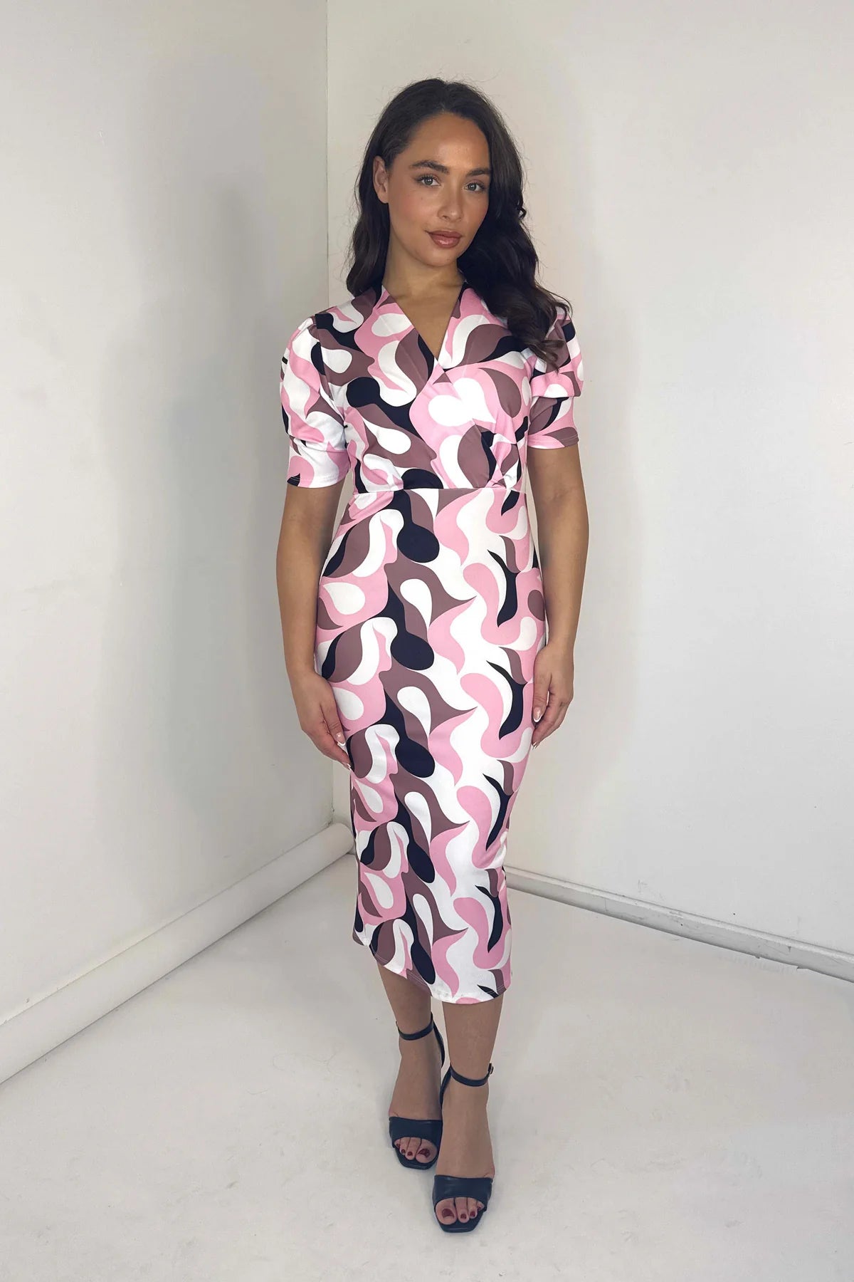 WOMEN'S ABSTRACT PRINT SHORT SLEEVE MIDI DRESS