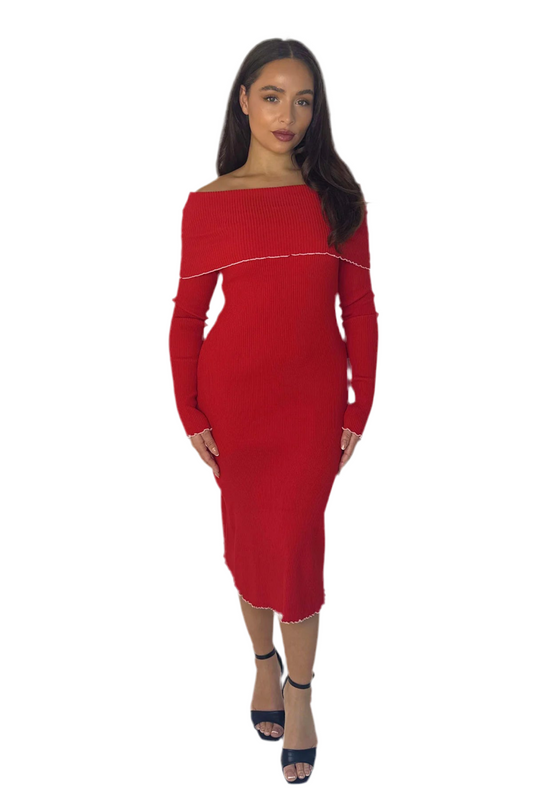 WOMEN'S CONTRAST STITCH RIBBED VISCOSE BLEND KNITTED TURTLE NECK LONG DRESS