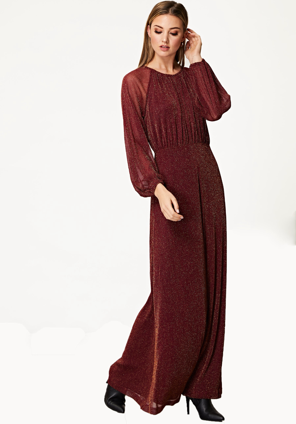 Shine bright in the Sparkly Lurex Flickering Chiffon Long Sleeve Maxi Dress