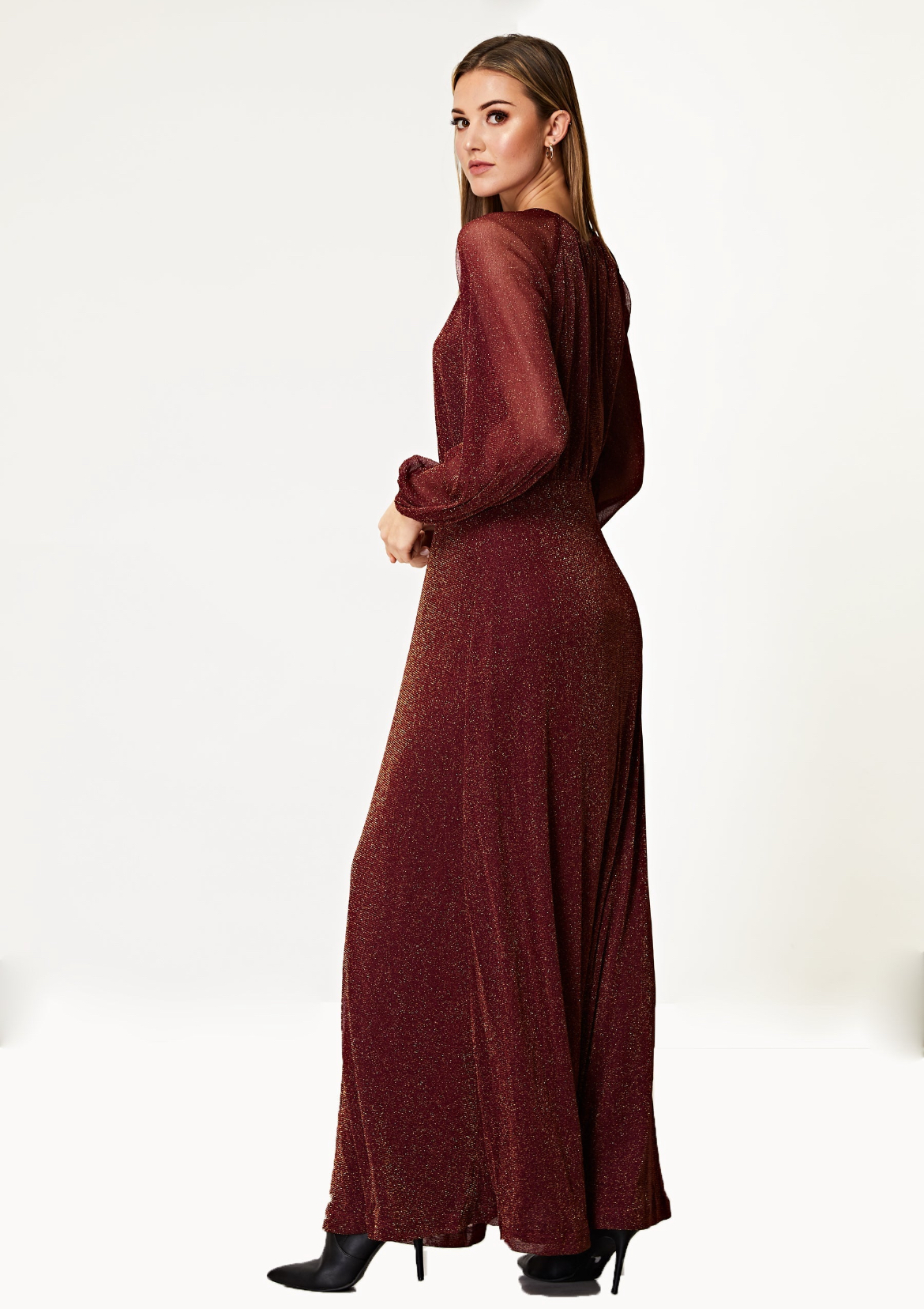 Shine bright in the Sparkly Lurex Flickering Chiffon Long Sleeve Maxi Dress
