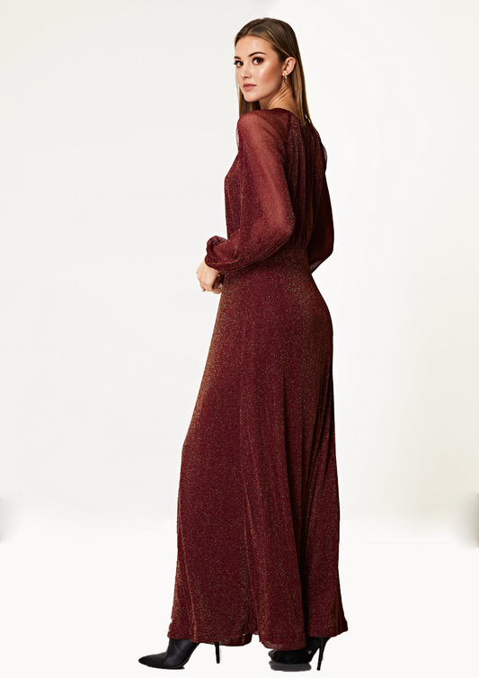 Shine bright in the Sparkly Lurex Flickering Chiffon Long Sleeve Maxi Dress