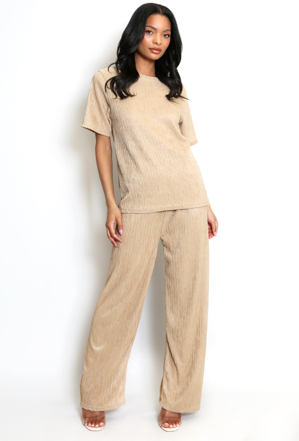 Short Sleeve Top Crinkle Trouser Set