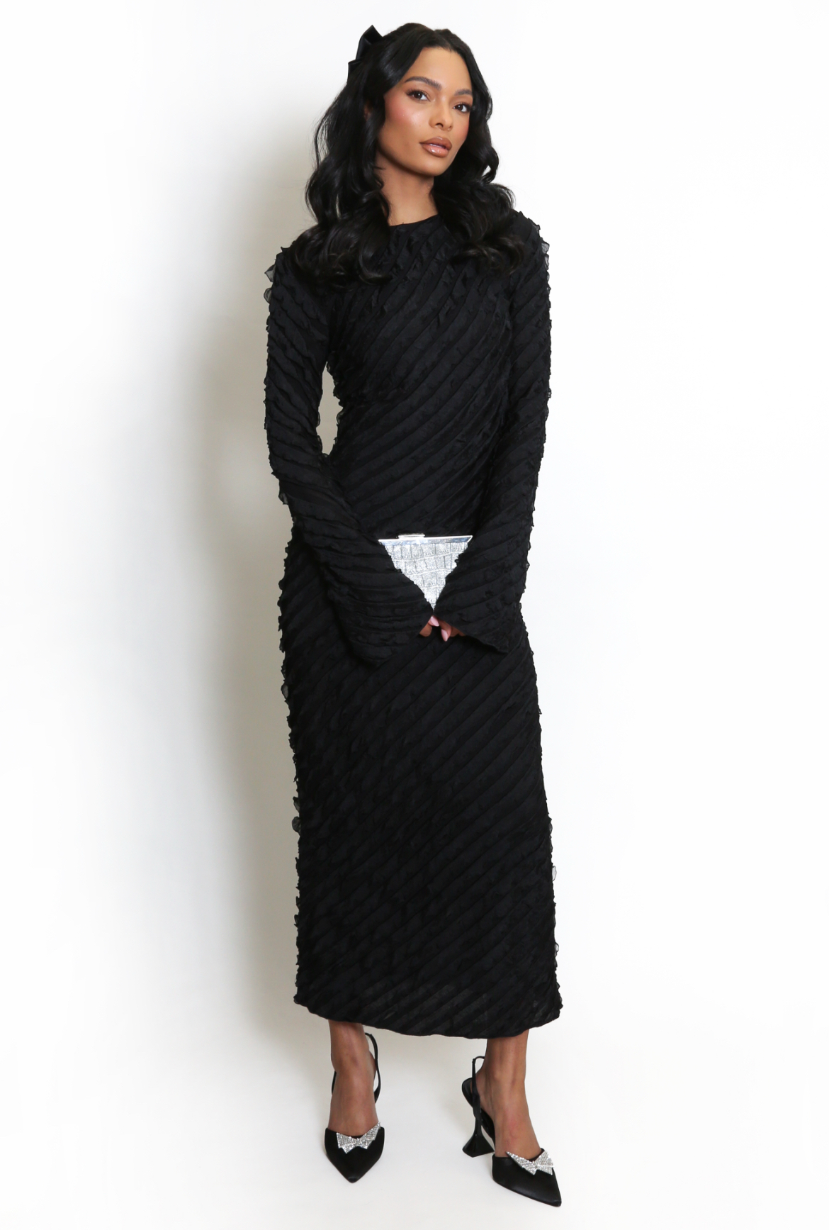 Textured Midi Dress With Flute Sleeve